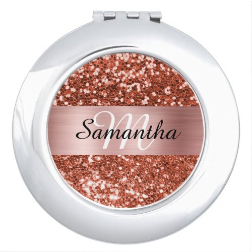 Sparkly Copper Glitter Rose Gold Shimmer Monogram Compact Mirror