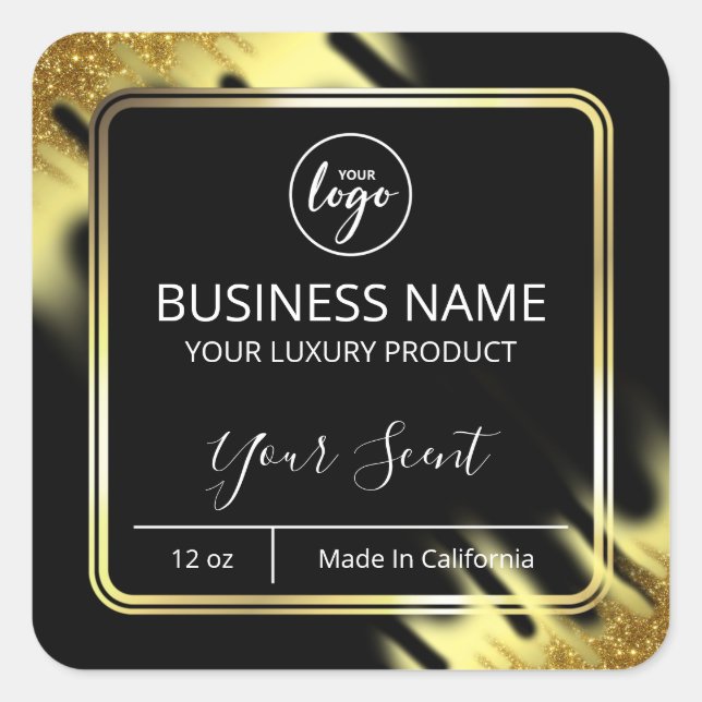Sparkly Cornered Black And Gold Candle Labels (Front)