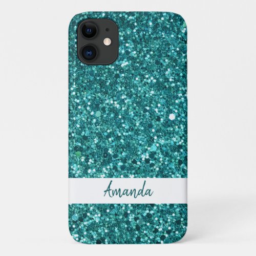 Sparkly Custom Text Teal Glitter iPhone 11 Case