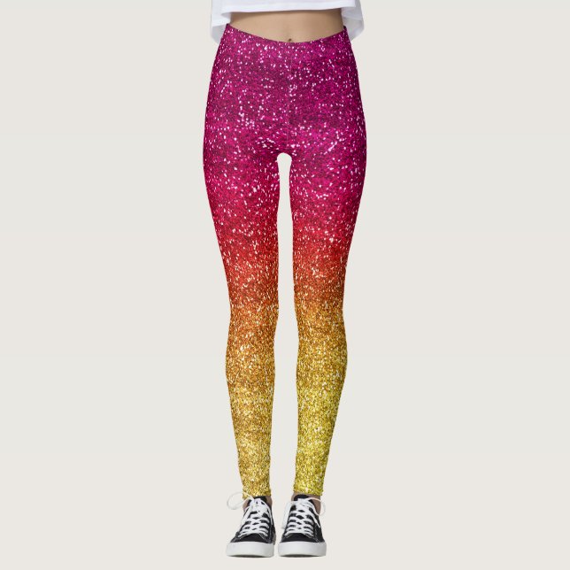 Sparkly Dark Pink & Yellow Gradient Glitter Licens Leggings (Front)