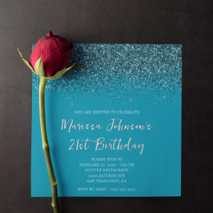 Sparkly Dark Teal Glitter Azure 21st Birthday Invitation