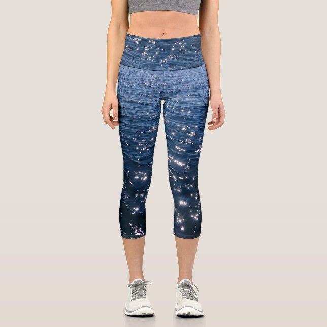 Sparkly Deep Blue Sea Waves Capri Leggings (Front)