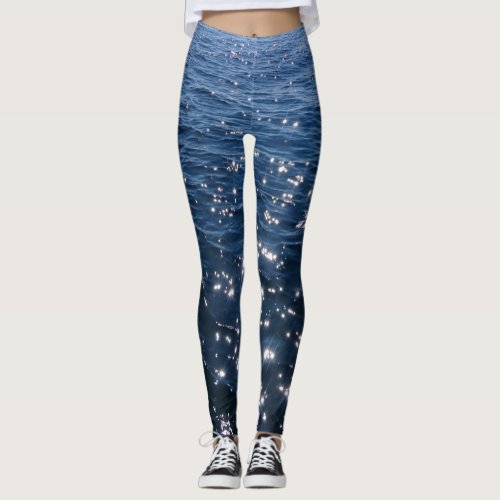 Sparkly Deep Blue Sea Waves Leggings