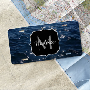 Sparkly Deep Blue Sea Waves Monogram License Plate