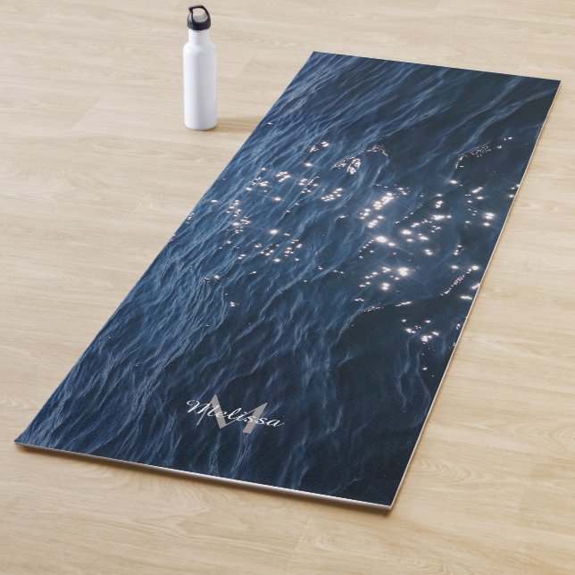 Sparkly Deep Blue Sea Waves Monogram Yoga Mat (In Situ)