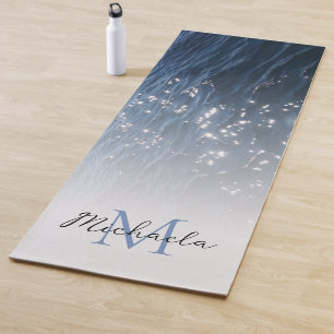Sparkly Deep Blue Sea Waves Monogram Yoga Mat