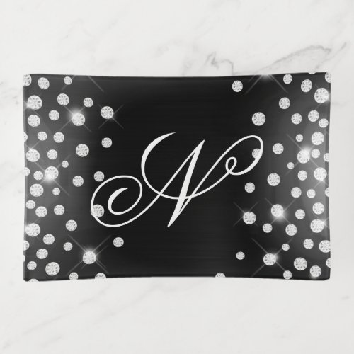 Sparkly Diamond Black Foil Fancy Monogram Trinket Tray