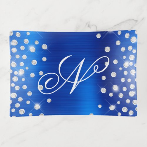 Sparkly Diamond Confetti Blue Foil Fancy Monogram Trinket Tray