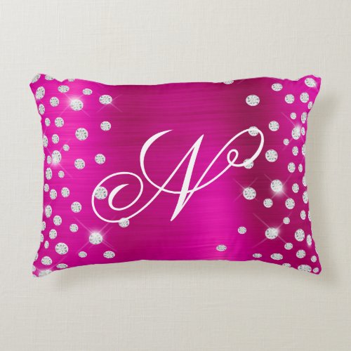 Sparkly Diamond Confetti Hot Pink Satin Monogram Accent Pillow