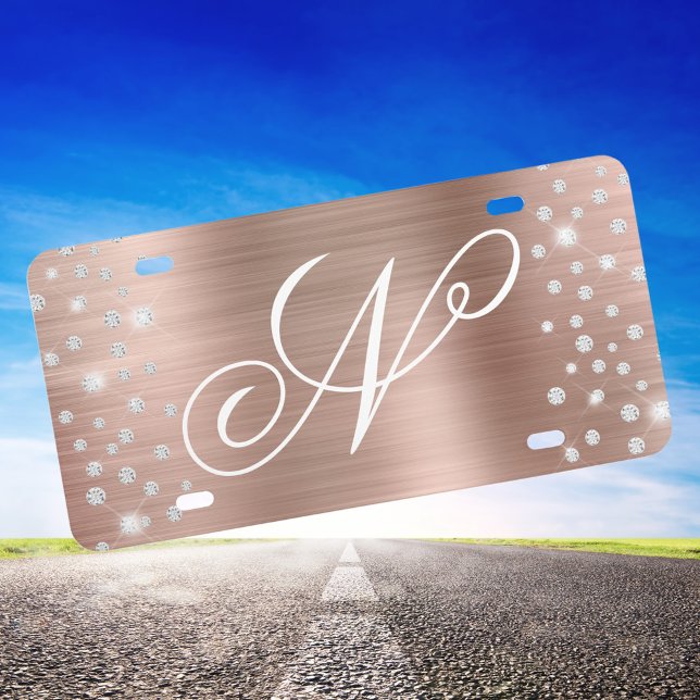 Sparkly Diamond Confetti Rose Gold Foil Monogram License Plate (Create your own monogrammed rose gold decorative license plate.)