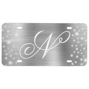 Sparkly Diamond Confetti Silver Foil Monogram License Plate