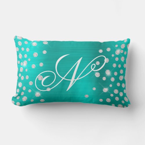 Sparkly Diamond Confetti Turquoise Satin Monogram Lumbar Pillow