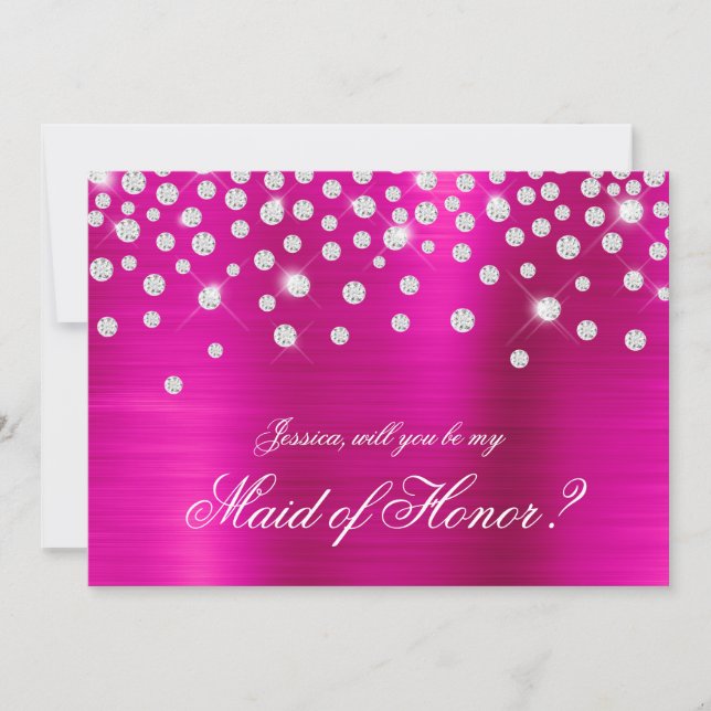 Sparkly Diamond Hot Pink Foil Maid of Honor Invitation (Front)