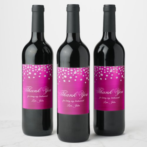 Sparkly Diamond Hot Pink Satin Foil Thank You Wine Label