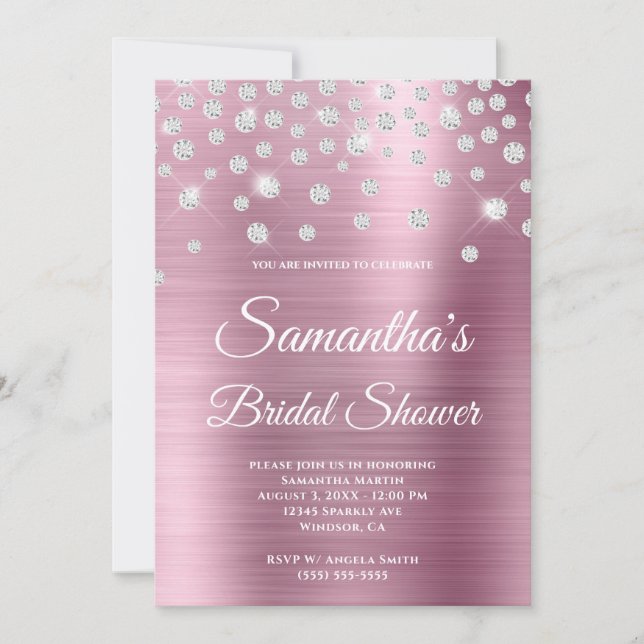 Sparkly Diamond Pink Satin Foil Bridal Shower Invitation (Front)
