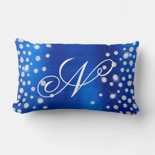 Sparkly Diamond Royal Blue Satin Monogram Lumbar Pillow