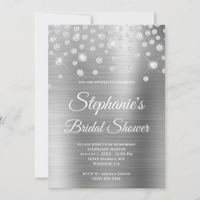 Sparkly Diamond Silver Satin Foil Bridal Shower Invitation (Front)