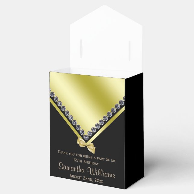 Sparkly Diamonds & Gold Bow 65th Birthday Favor Boxes (Opened)