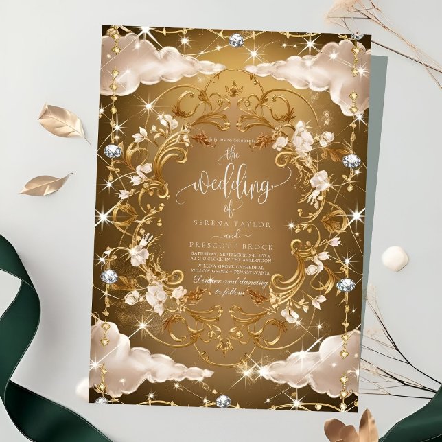 Sparkly Diamonds Golden florals Wedding Invitation (Creator Uploaded)