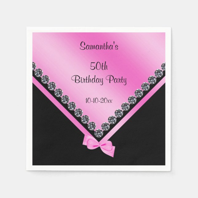Sparkly Diamonds & Pink Bow 50th Birthday Paper Napkins (Front)