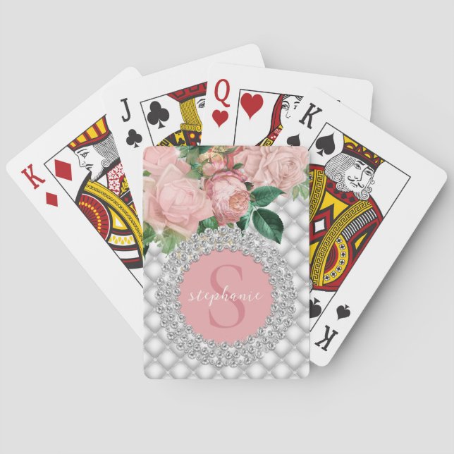 Sparkly Diamonds Pink Roses Monogram  Poker Cards (Back)