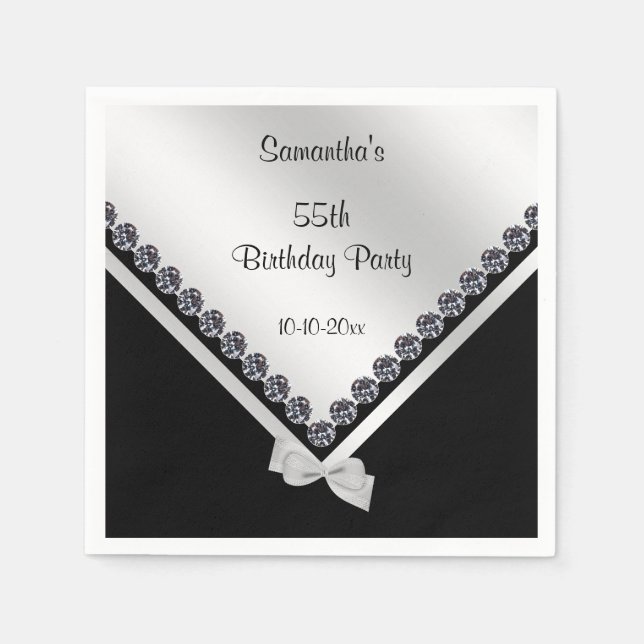 Sparkly Diamonds & Silver Bow 55th Birthday Paper Napkins (Front)