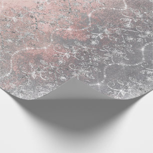Sparkly Diamonds Silver Floral Pink Gray Brush Wrapping Paper
