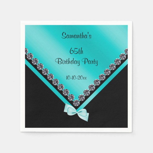 Sparkly Diamonds & Teal Bow 65th Birthday Paper Napkins (Front)