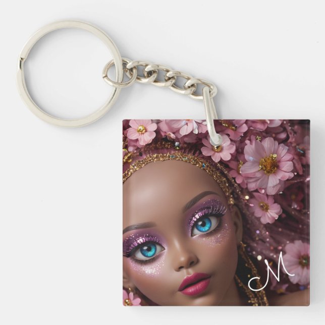 Sparkly Doll Glitter and Flowers Keychain (Front)