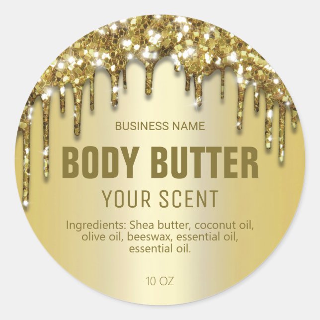 Sparkly Dripping Gold Glitter Body Butter Labels (Front)