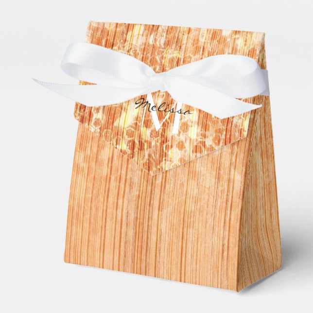 Sparkly elegant orange bamboo wood print favor boxes (Front Side)