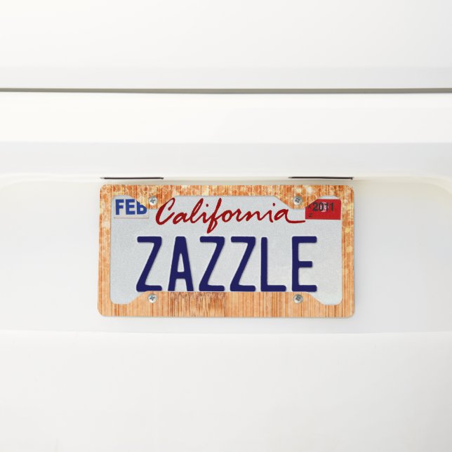 Sparkly elegant orange bamboo wood print license plate frame (On Car)