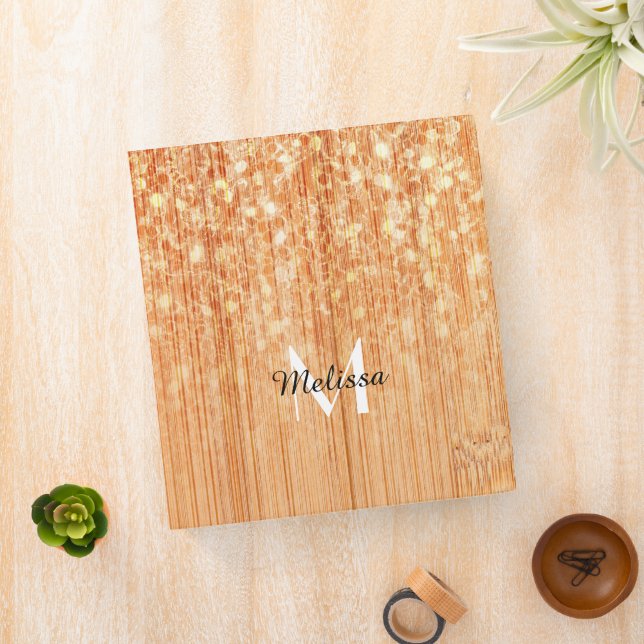 Sparkly elegant orange bamboo wood print Monogram 3 Ring Binder (In Situ)