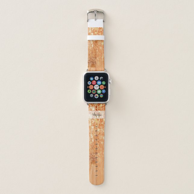 Sparkly elegant orange bamboo wood print Monogram Apple Watch Band (Front)