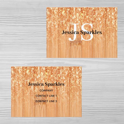 Sparkly elegant orange bamboo wood print Monogram Business Card