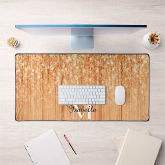 Sparkly elegant orange bamboo wood print Monogram Desk Mat
