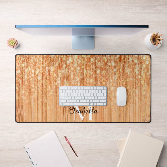 Sparkly elegant orange bamboo wood print Monogram Desk Mat (Office 1)