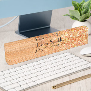 Sparkly elegant orange bamboo wood print Monogram Desk Name Plate