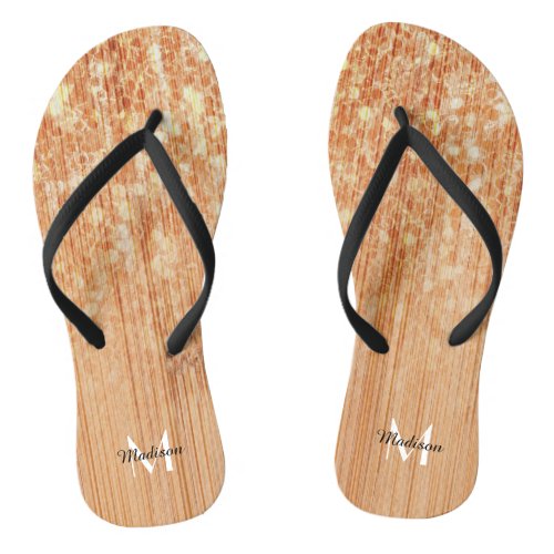 Sparkly elegant orange bamboo wood print Monogram Flip Flops