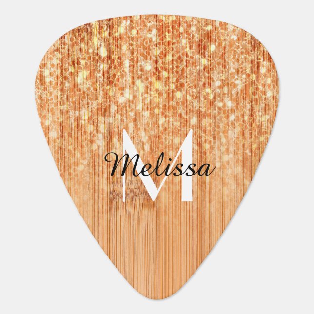 Sparkly elegant orange bamboo wood print Monogram Guitar Pick (Front)
