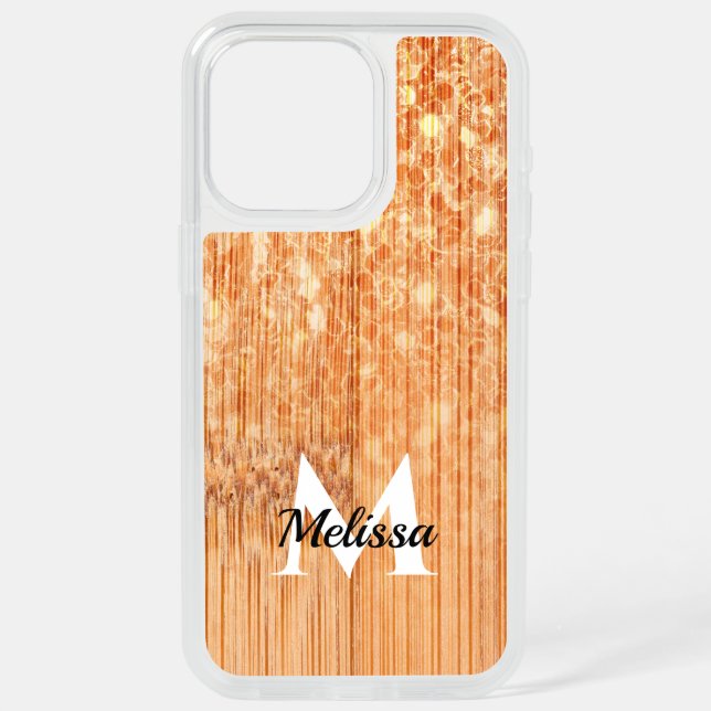 Sparkly elegant orange bamboo wood print Monogram iPhone 15 Pro Max Case (Back)