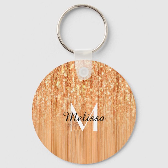 Sparkly elegant orange bamboo wood print Monogram Keychain (Front)