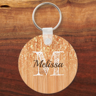 Sparkly elegant orange bamboo wood print Monogram Keychain