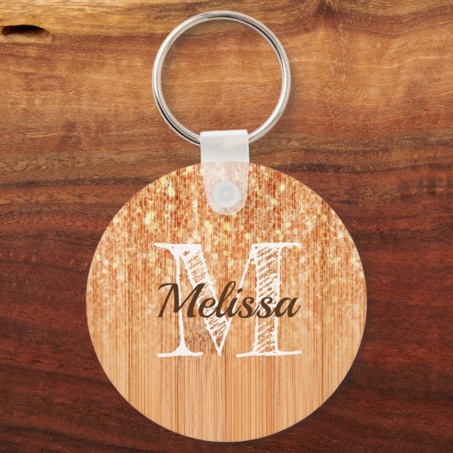 Sparkly elegant orange bamboo wood print Monogram Keychain (Front)