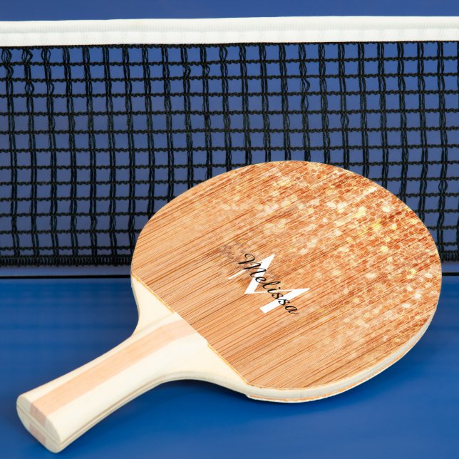 Sparkly elegant orange bamboo wood print Monogram Ping Pong Paddle (Insitu)