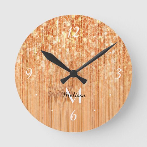 Sparkly elegant orange bamboo wood print Monogram Round Clock