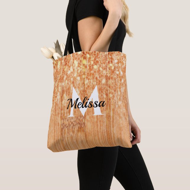 Sparkly elegant orange bamboo wood print Monogram Tote Bag (Close Up)