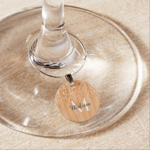 Sparkly elegant orange bamboo wood print Monogram Wine Charm