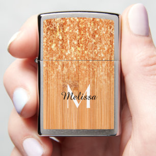 Sparkly elegant orange bamboo wood print Monogram Zippo Lighter