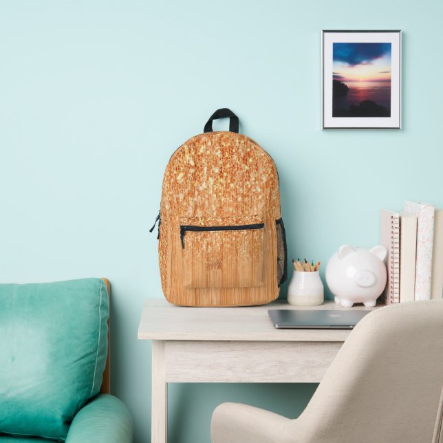 Sparkly elegant orange bamboo wood print printed backpack (Insitu)